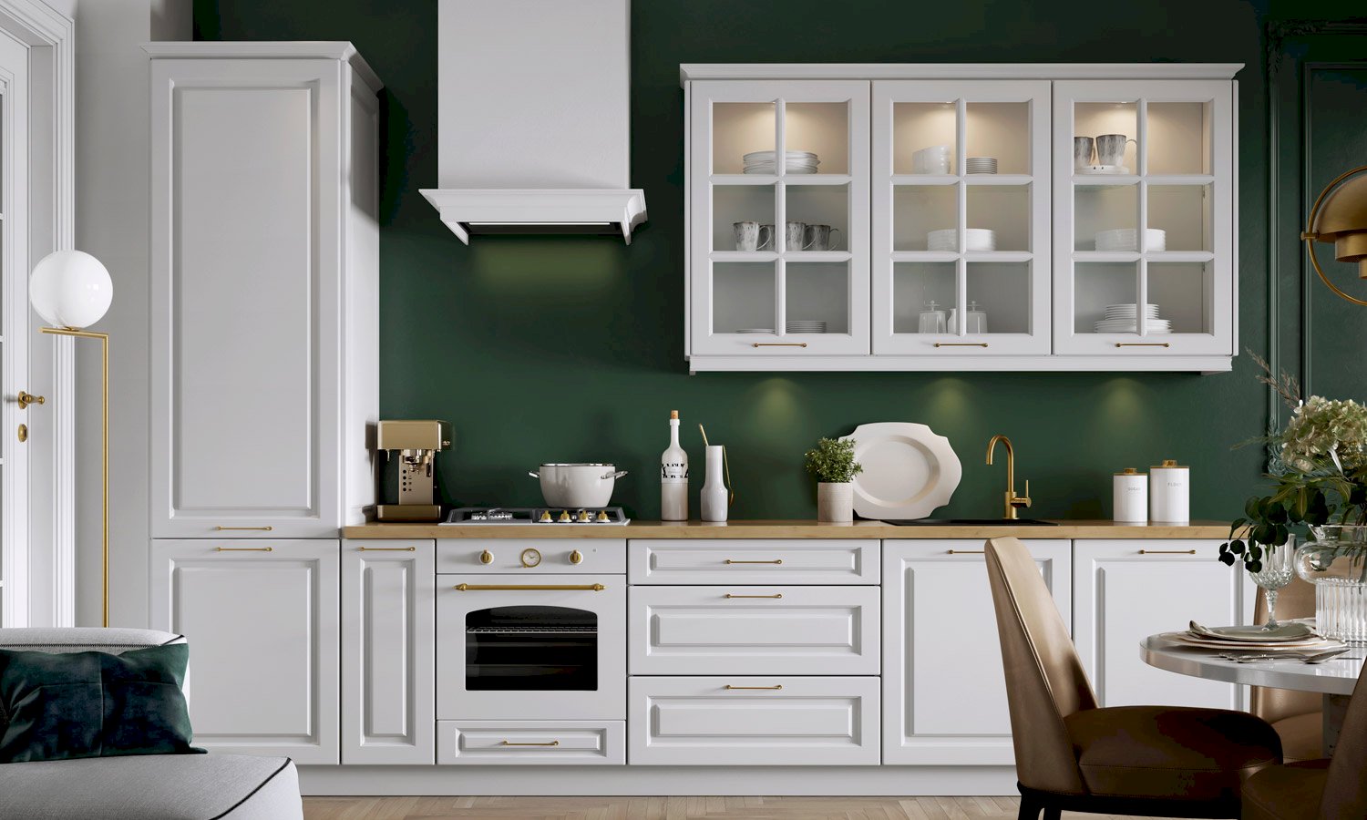 zielony kolor ścian w kuchni do białych mebli - meble Alina