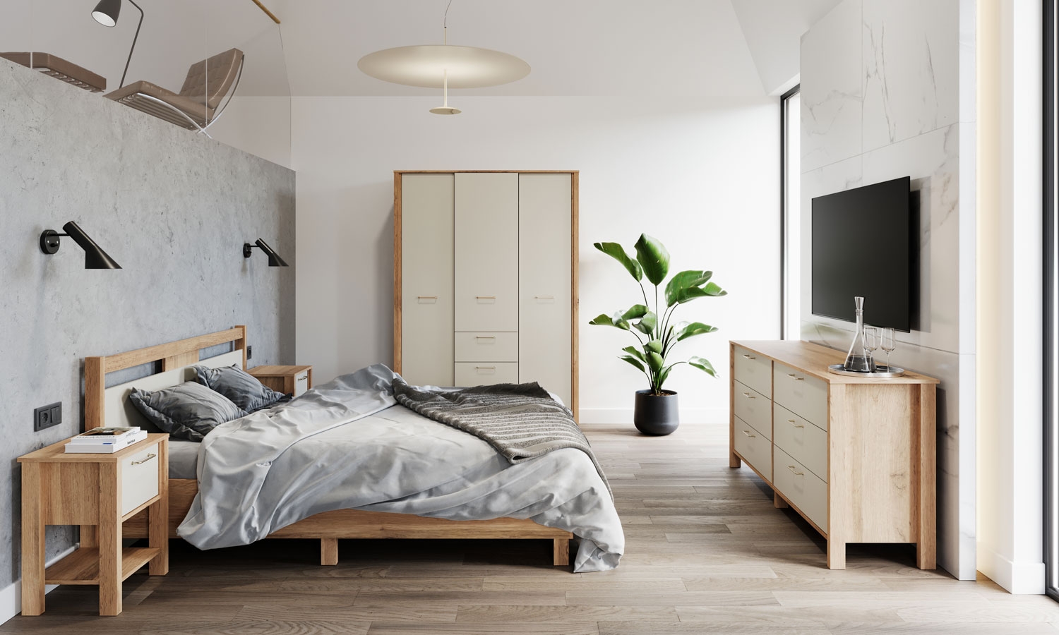 Meble do sypialni Indygo (Dąb Wotan + Beige)