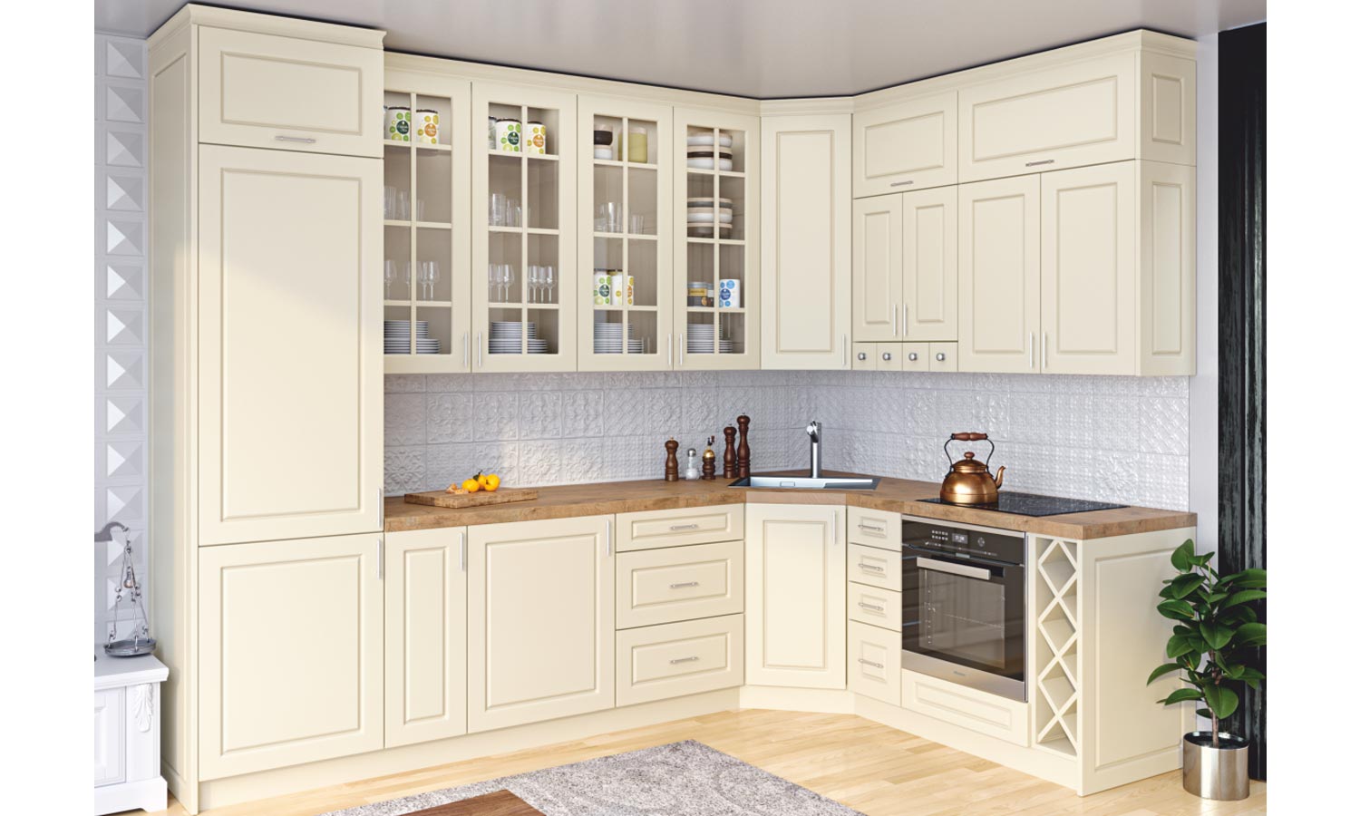 kremowa kuchnia z drewnianym blatem MDF Folia
