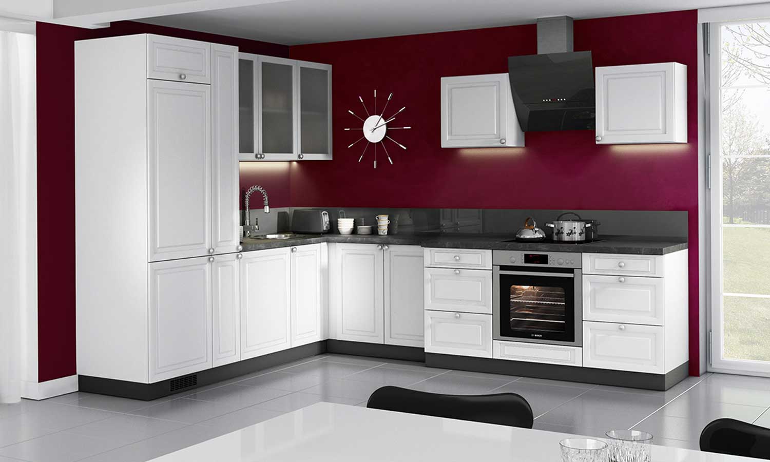 bordowy kolor ścian w kuchni do białych mebli - meble Madryt