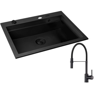 Zestaw Pyramis Zlewozmywak granitowy Siros 67x51,5 1B Black Edition + Bateria Serina
