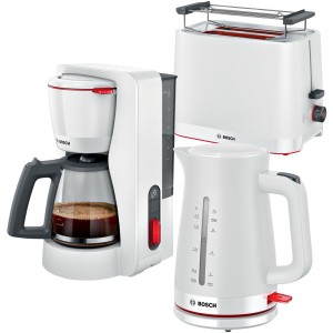 Zestaw Bosch MyMoment Ekspres przelewowy TKA3M131 + Czajnik TWK3M121 + Toster TAT3M121 Biały