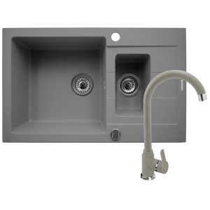 Zestaw granitowy Pyramis Zlewozmywak Sparta Plus 78x48 1 1/2B 1D + Bateria Lungo Szary beton