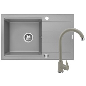 Zestaw granitowy Pyramis Zlewozmywak Sparta Plus Lux 78x48 1B1D + Bateria Lungo Szary beton