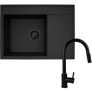 Zestaw Pyramis Zlewozmywak granitowy Camea 68x50 1B1D L Volcano Black Edition + Bateria Idea